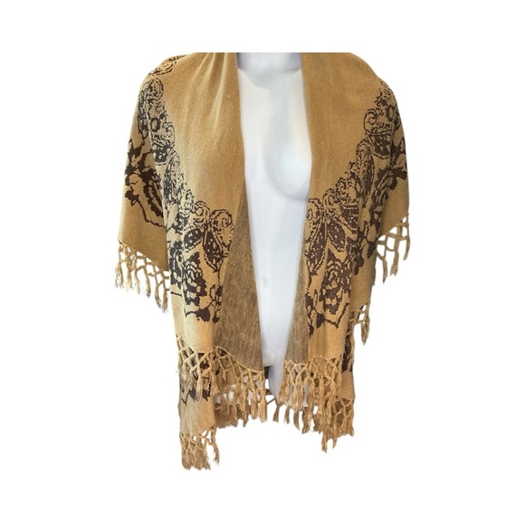 Raj Acrylic Paisley Boho Fringe Scarf Shawl Poncho Wrap Tan Brown - Picture 2 of 9